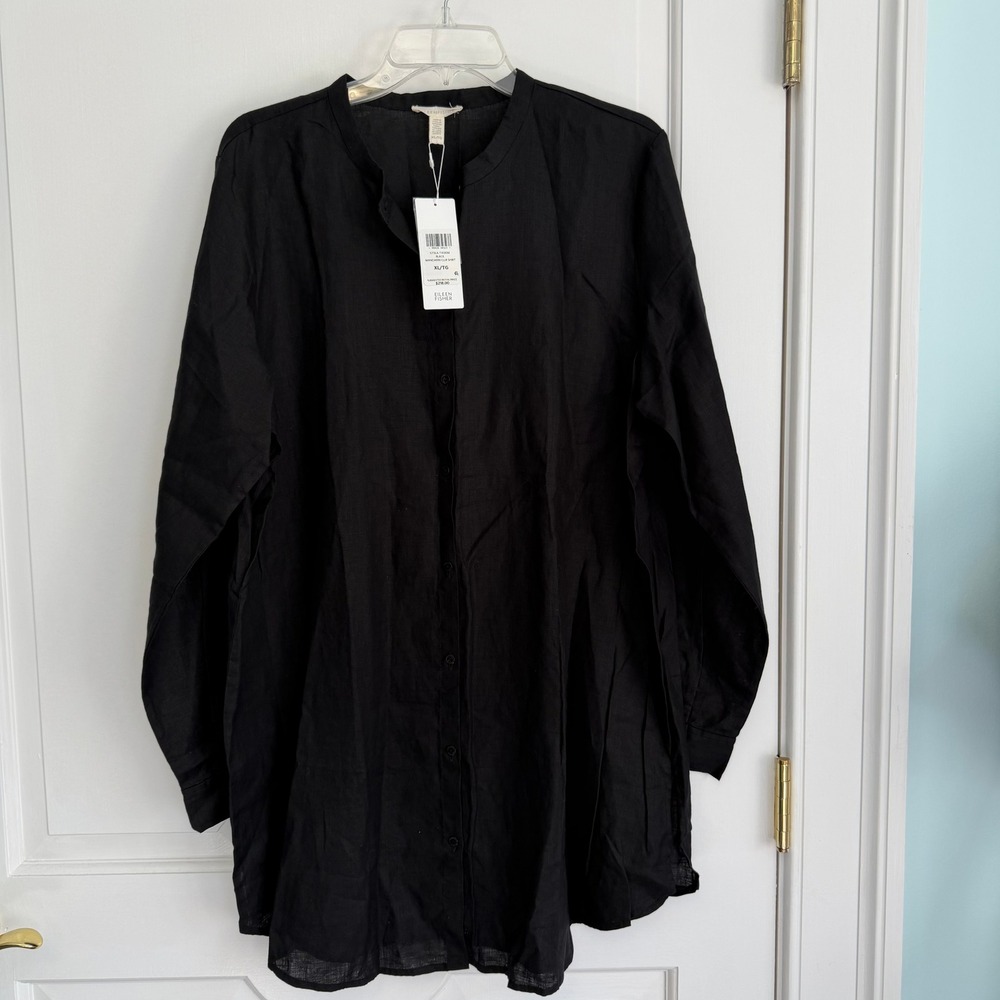 Eileen Fisher Mandarin Collar Shirt Womens XL Black S7OLA-T4130M